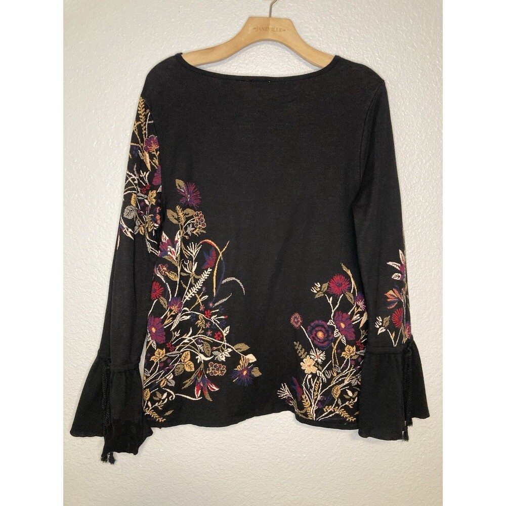 Chicos Sweater Womens Size 2 Black Floral Bell Sleeves Tassels Scoop Neck Cotton - Picture 3 of 8